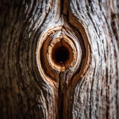 Macro of Knotted Cedar Wood: A macro photograph of cedar wood featuring a prominent knot, in deep focus to reveal the rough, uneven texture and the swirling patterns around the knot. clipart