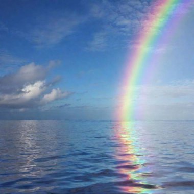 A rainbow reflected on calm waters, with soft ripples and a gentle gradient background clipart