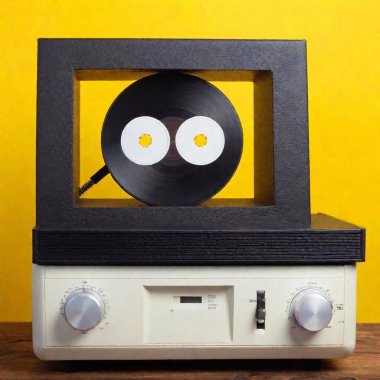 retro cassette player with black tape on a yellow background clipart