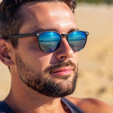 A close-up photo of a Caucasian male adult with sunglasses reflecting the ocean view, deep focus on his face and the texture of the sand grains on his skin, eye-level shot highlighting his relaxed smile and carefree beach day clipart