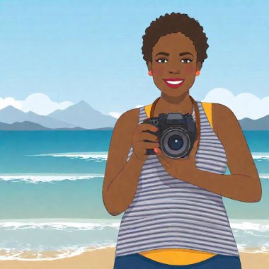 A close-up vector illustration of an African-American female adult with a camera in hand, deep focus on his focused expression and the camera details, eye-level shot showing the excitement of capturing memories at the beach clipart