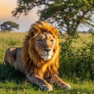 A majestic lion with a golden mane resting under the shade of an acacia tree in the African savannah at sunset clipart