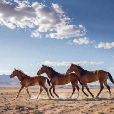 A panoramic view of a herd of wild horses galloping freely across an open plain, their manes flowing in the wind clipart