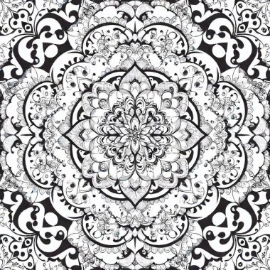 A mandala coloring page featuring symmetrical animal designs, like peacocks, elephants, and lions, arranged in a circular pattern clipart