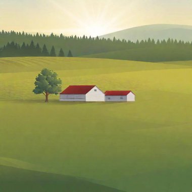 rural landscape with a house, grass and trees. vector illustration