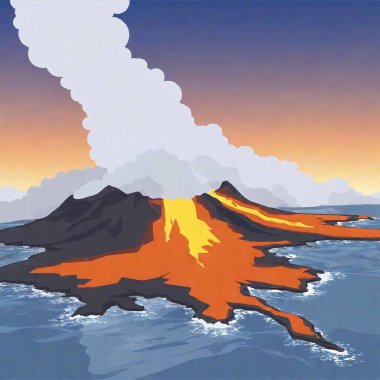 Volcanic Island with Lava Flow (Vector): An extreme wide shot, aerial view, featuring a focus pull effect that shifts from a vector depiction of an active volcano on the island to the glowing lava flow reaching the shoreline clipart