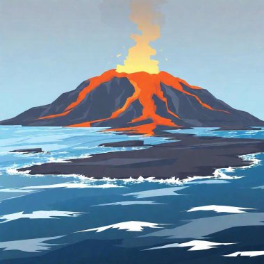 Volcanic Island with Lava Flow (Vector): An extreme wide shot, aerial view, featuring a focus pull effect that shifts from a vector depiction of an active volcano on the island to the glowing lava flow reaching the shoreline clipart