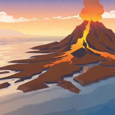 Volcanic Island with Lava Flow (Vector): An extreme wide shot, aerial view, featuring a focus pull effect that shifts from a vector depiction of an active volcano on the island to the glowing lava flow reaching the shoreline clipart