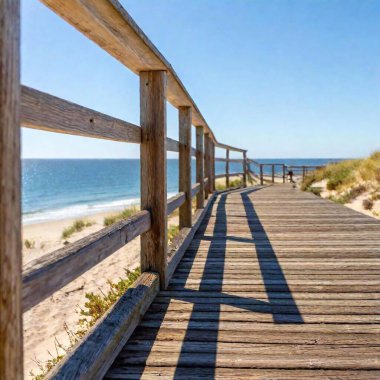 Coastal Boardwalk in Summer (Photo): A full shot from hip level capturing a sunlit coastal boardwalk, with shallow focus on the wooden planks and railings, and the distant beach, ocean, and people softly blurred in the background clipart