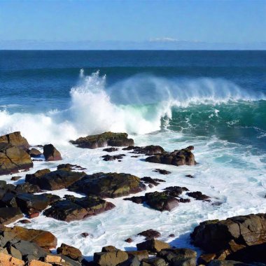 Bir Rocky Shore 'a çarpan Dalgaların Geniş Vektörü: Güçlü dalgaların geniş çekim vektörü engebeli kayalık bir kıyıya çarpıyor, yumuşak odak dramatik bir etki için uzak ufku bulanıklaştırıyor