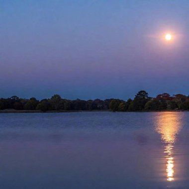 A Dutch angle, medium shot of a full moon rising over a calm lake, captured in a photograph. The scene includes the moon's reflection shimmering on the water, with the tilted horizon enhancing the mystical and serene quality of the night sky. clipart