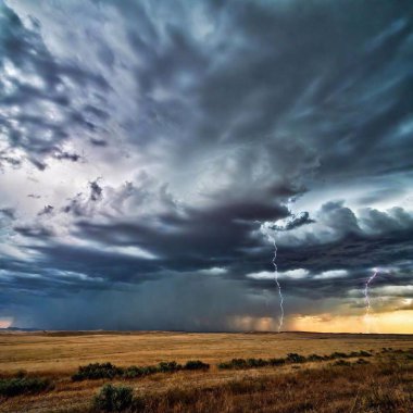 An eye-level wide shot of a dramatic stormy sky, captured over a flat prairie. The scene shows dark, swirling clouds dominating the sky, with lightning streaking across the horizon and a few distant storm clouds illuminated by flashes of light. clipart