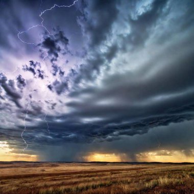 An eye-level wide shot of a dramatic stormy sky, captured over a flat prairie. The scene shows dark, swirling clouds dominating the sky, with lightning streaking across the horizon and a few distant storm clouds illuminated by flashes of light. clipart