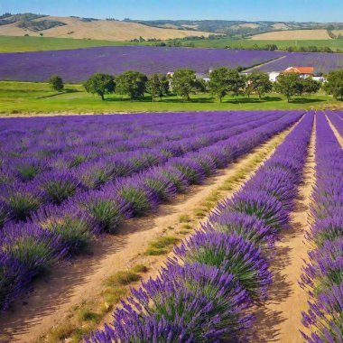 A full shot cartoon aerial view of a sprawling lavender field in bloom. The scene features rows of vibrant purple lavender stretching across the landscape, with charming farmhouses and rolling hills in the background under a bright, sunny sky. clipart