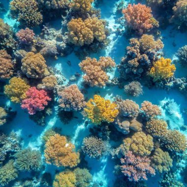 an aerial view of a vibrant coral reef in the ocean. Show the diverse marine life swimming among colorful corals and seaweed, with clear, shallow waters revealing the intricate patterns below clipart