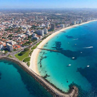 an aerial shot of a bustling coastal city with the ocean as a backdrop. Show the city's skyline, piers, and marinas, with the clear blue waters and waves breaking along the shore clipart