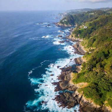 an aerial view of a dramatic ocean coastline with rugged cliffs and crashing waves. Include the dynamic contrast between the dark, jagged rocks and the frothy white surf below clipart