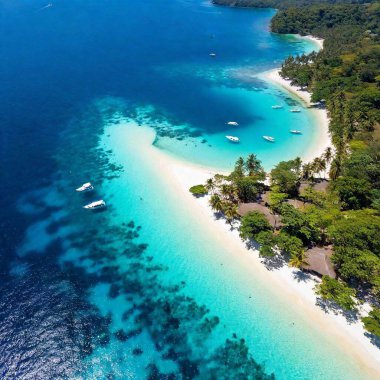 an aerial view of a remote, secluded beach with a crescent-shaped shoreline. Include clear, shallow waters, scattered seashells, and a few small boats anchored just offshore clipart