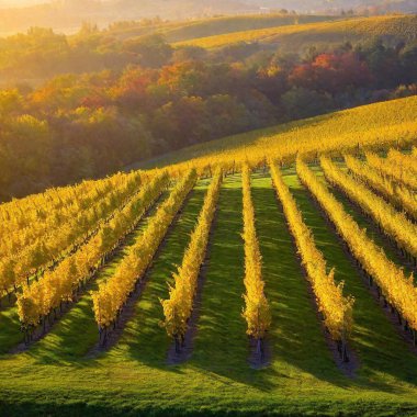 a picturesque scene of a charming vineyard in autumn. Capture rows of grapevines with colorful fall foliage, rolling hills in the background, and a golden sunset casting a warm glow over the landscape. clipart