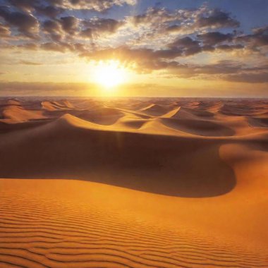 a beautiful desert landscape with rolling sand dunes and a dramatic sunset. Capture the warm, golden tones of the sand and the rich colors of the sky, with the sun dipping below the horizon and casting long shadows clipart