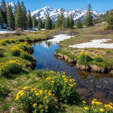 a serene landscape of a secluded mountain meadow in full bloom. Show vibrant wildflowers, a gentle stream flowing through the grass, and towering snow-capped peaks in the background under a clear blue sky clipart