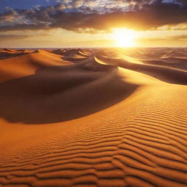 a beautiful desert landscape with rolling sand dunes and a dramatic sunset. Capture the warm, golden tones of the sand and the rich colors of the sky, with the sun dipping below the horizon and casting long shadows clipart