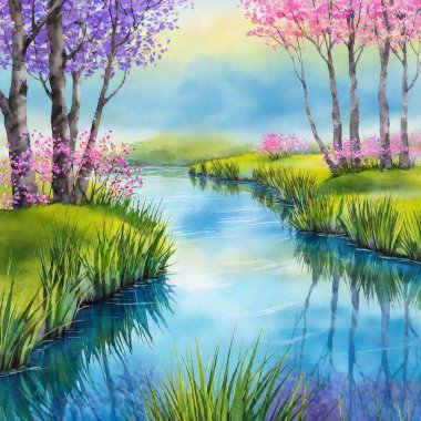 Springtime Riverbank: A full shot watercolor illustration of a riverbank during spring. The deep focus highlights the blooming plants and reflections in the water, with the surrounding landscape and river rendered in soft, flowing watercolor strokes. clipart