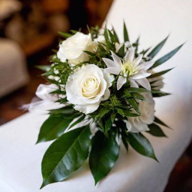 Close-up shot of a wedding bouquet, with the central flower in sharp focus and the ribbons and leaves softly blurred, capturing the delicate and romantic nature of the arrangement clipart