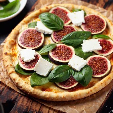 A creative shot of a pizza with unique toppings like figs and goat cheese, with the toppings in sharp focus and the rest of the pizza and background softly fading, capturing the gourmet appeal of the dish. From above clipart