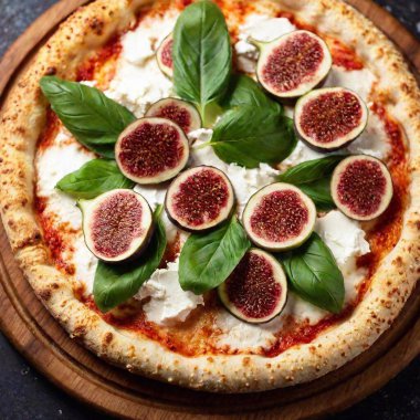 A creative shot of a pizza with unique toppings like figs and goat cheese, with the toppings in sharp focus and the rest of the pizza and background softly fading, capturing the gourmet appeal of the dish. From above clipart