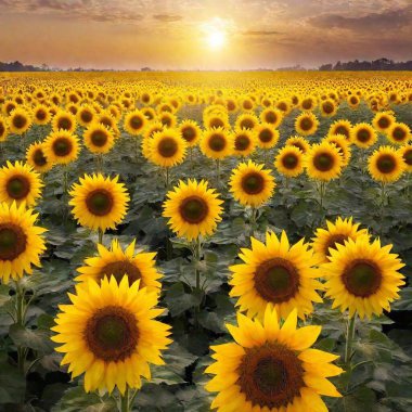 Beautiful sunset over big golden sunflower field in the countryside clipart