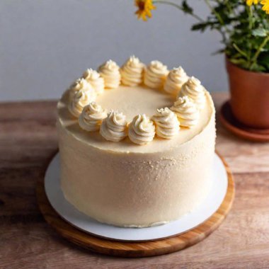 An aerial view of a classic vanilla cake with elegant buttercream frosting and floral decorations, with the cake and details in sharp focus and the background softly blurred, emphasizing the cake's simplicity and elegance clipart