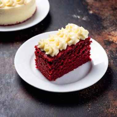 A top-down perspective of a slice of red velvet cake with creamy frosting, with the cake in sharp focus and the table surface and background softly fading into a blurred backdrop clipart