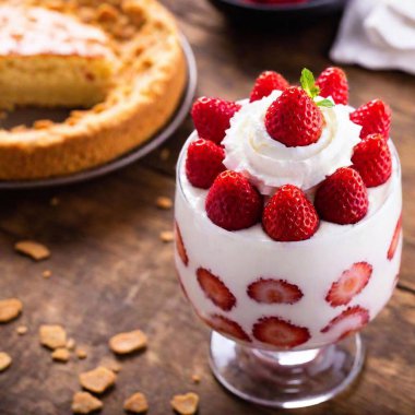 A close-up from above of a layered strawberry shortcake with fresh berries and whipped cream, with the cake in sharp focus and the background softly blurred, highlighting the dessert's freshness and details clipart