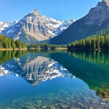 a stunning landscape of a serene lake nestled in a mountain valley. Include reflections of towering peaks and lush forests in the still waters, with a clear, blue sky overhead clipart