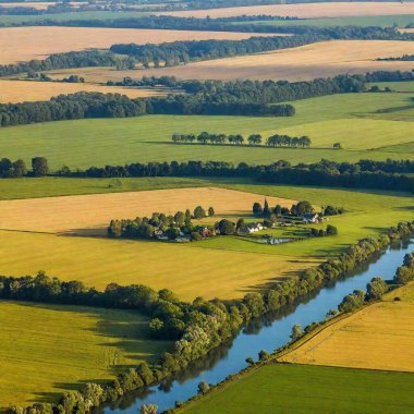 a tranquil landscape of a rolling countryside with patchwork fields in various shades of green and gold. Include a quaint farmhouse and a meandering river, with a clear sky dotted with fluffy clouds clipart