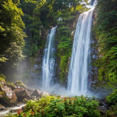 a captivating scene of a lush tropical rainforest with dense foliage and vibrant, exotic flowers. Include a cascading waterfall, mist rising from the jungle floor, and sunlight filtering through the canopy clipart