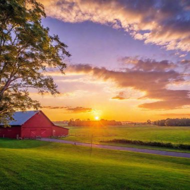 a peaceful sunset scene over a quaint rural farm. Show the sun setting behind a classic red barn and rolling fields, with the sky displaying a beautiful gradient of colors and a few scattered clouds clipart