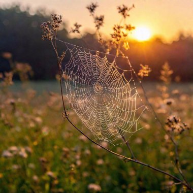 Macro view of a sunset reflecting on a dew-covered spiderweb: Show the intricate patterns of a spiderweb glistening with dew drops, while the sunset casts a warm, colorful reflection clipart