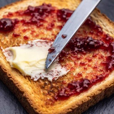 Extreme Macro of a Butter Knife Spreading Jam on Toast: A flatlay photo of a butter knife spreading jam on a slice of toast, with deep focus revealing the texture of the jam and the bread's surface. clipart