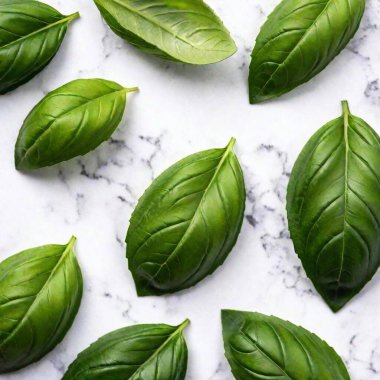 Fresh Basil Leaves of Fresh Basil Leaves on a Mermer Countertop: Taze fesleğen yapraklarının düz bir fotoğrafı mermer tezgahın üzerine serilmiş, her yaprağın pürüzsüz mermer yüzey karşı damarları ve dokusu derin odak göstermektedir.