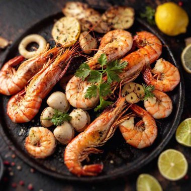 Extreme Wide Shot of Grilled Seafood Platter with Lemon Wedges: A flatlay photo showcasing a variety of grilled seafood like shrimp, fish, and scallops, with lemon wedges, and a tilt-shift effect highlighting the seafood's details. clipart