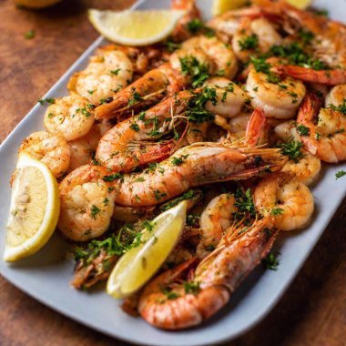 Extreme Wide Shot of Grilled Seafood Platter with Lemon Wedges: A flatlay photo showcasing a variety of grilled seafood like shrimp, fish, and scallops, with lemon wedges, and a tilt-shift effect highlighting the seafood's details. clipart