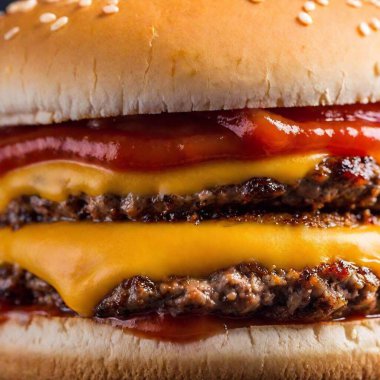 Extreme Close Up of a Hamburger with Ketchup and Mustard Swirled on Top: A deep focus photo focusing on the ketchup and mustard swirls on top of a hamburger. clipart