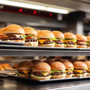 Extreme Wide Shot of a Fast-Food Restaurant with Hamburgers on Trays: A soft focus photo capturing the interior of a fast-food restaurant with trays of hamburgers at eye level. clipart