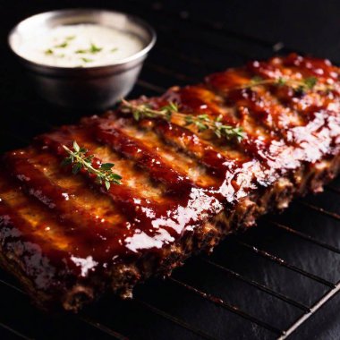 Medium Shot of Barbecue Ribs Glazed with Sauce: A deep focus, low-angle studio shot focusing on a rack of ribs being glazed with sauce, with the rich texture and smoky aroma emphasized. clipart