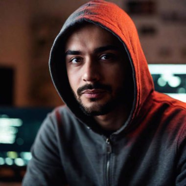 A close-up portrait of a hacker with a thoughtful expression, with the face in sharp focus and the dimly lit room with glowing monitors in the background softly blurred, highlighting the introspective nature of the subject clipart