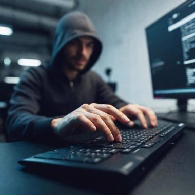 A close-up shot of a hacker fingers on a keyboard, with the fingers and the determined face in sharp focus, while the rest of the tech environment softly blurs into the background, creating a sense of focus and urgency. clipart