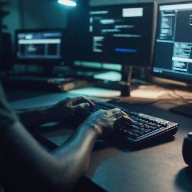 Close up shot of a hacker dimly lit workspace, with the hacker hunched over a keyboard in sharp focus and the surrounding tech setup softly blurring into the background, highlighting the contrast between the hacker and their environment. clipart