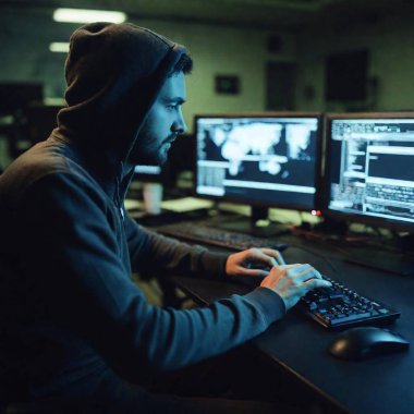 Close up shot of a hacker dimly lit workspace, with the hacker hunched over a keyboard in sharp focus and the surrounding tech setup softly blurring into the background, highlighting the contrast between the hacker and their environment. clipart